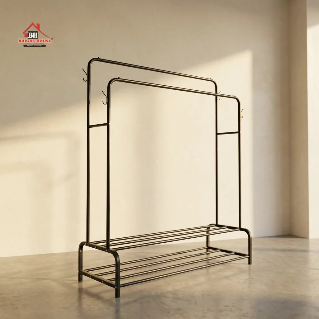 Dual Pole Metal Clothes Stand by Bright House With Dual Shoe Tiers