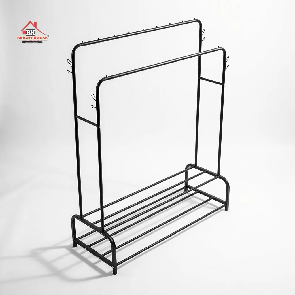 Dual Pole Metal Clothes Stand by Bright House With Dual Shoe Tiers